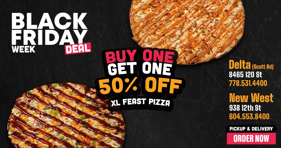Buy One Get One 50% Off – XL Feast Pizza - featuring edge-to-edge toppings