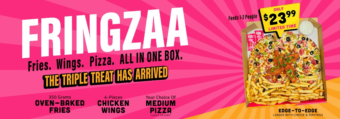 FRINGZAA Fries. Wings. Pizza. All in One Box. The Triple Treat has officially landed.