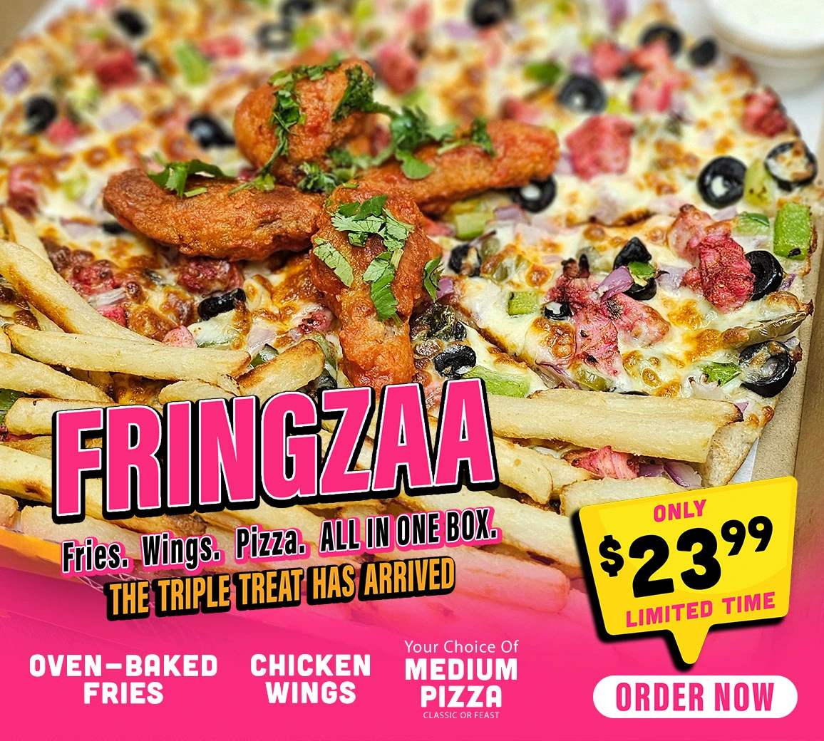 FRINGZAA triple combo box from CRUST N CRUNCH featuring fries, wings, and any medium pizza